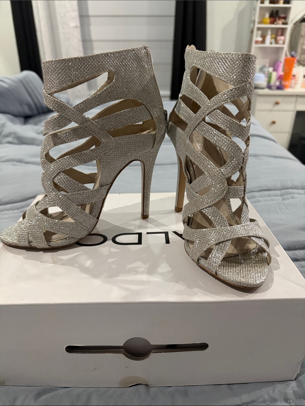 Aldo Silver Glitter Strappy Cutout Stiletto Heels